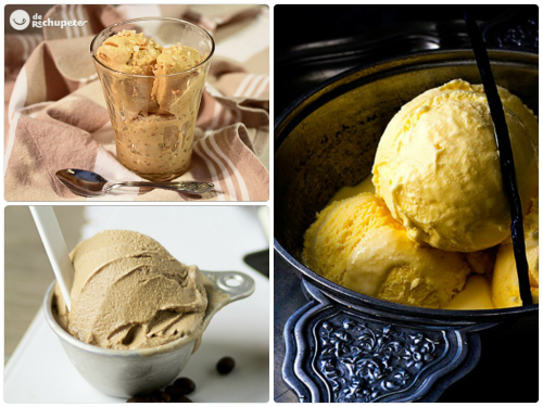 Collage de helados de sabores clasicos: vainilla, café y turrón.