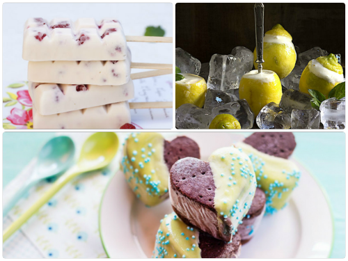 Collage de helados con diferente presentación: Sandwich helado, helado cremoso yogurt y Limones helados al limoncello