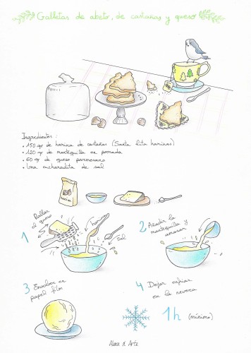 Galletas abeto, de castañas y queso de To be gourmet ilustrada por Almu de Arte para Recetags