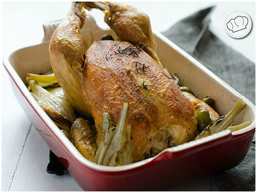 Receta clásica de Pollo asado al horno con hinojo y aceitunas del blog Pepacooks