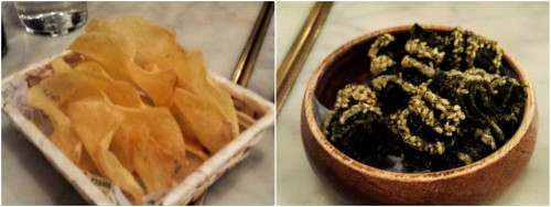 Chips con salsa de vermut y algas fritas en la bodega 1900