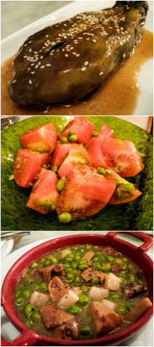 Berenjena asada, ensalada de tomate y guisantes estofados en la Bodega 1900