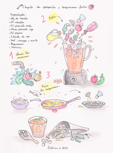 Receta ilustrada de gazpacho y boquerones del blog Almu d Arte